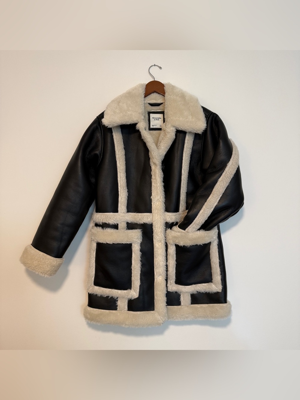 Abercrombie Leather Black Jacket Sm Sherpa Fur Trim Aviator Y2K 90s oversized